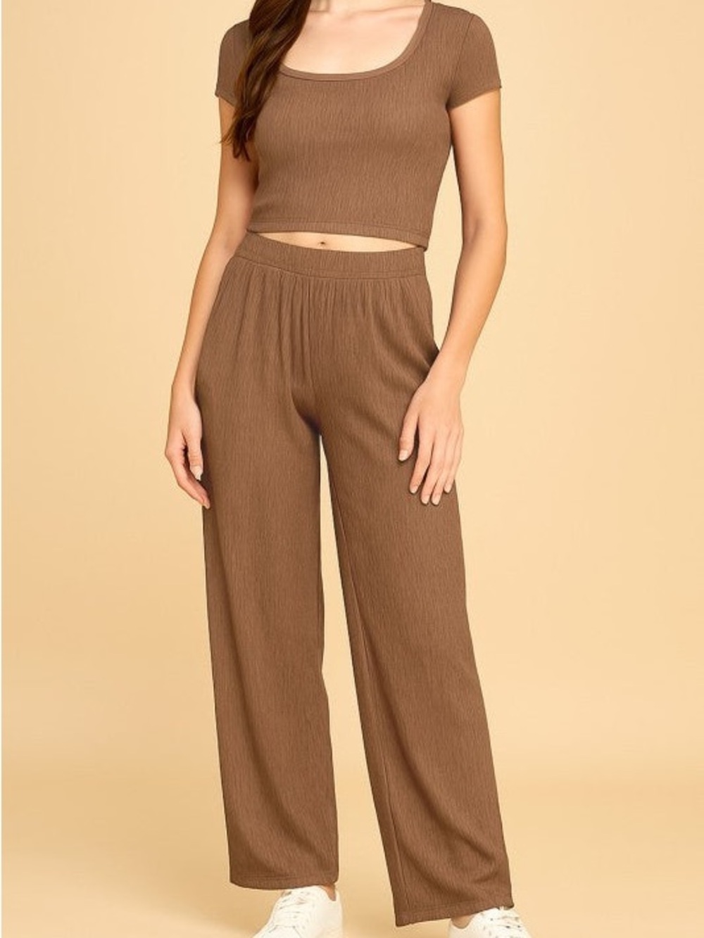 Crinkle cut Wide-Leg Knit Pants and Scoop Top Set